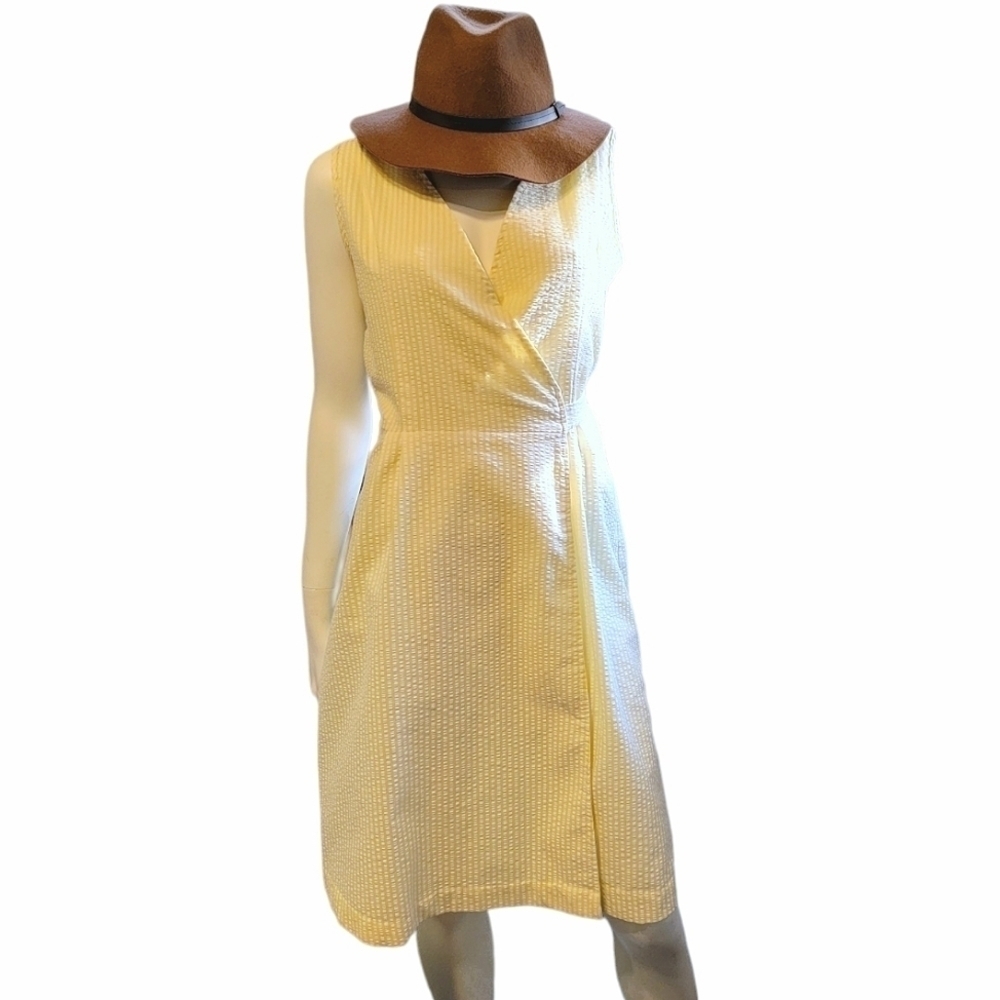 Vintage Johnny Appleseed's Yellow White Stripe Seersucker Wrap Dress